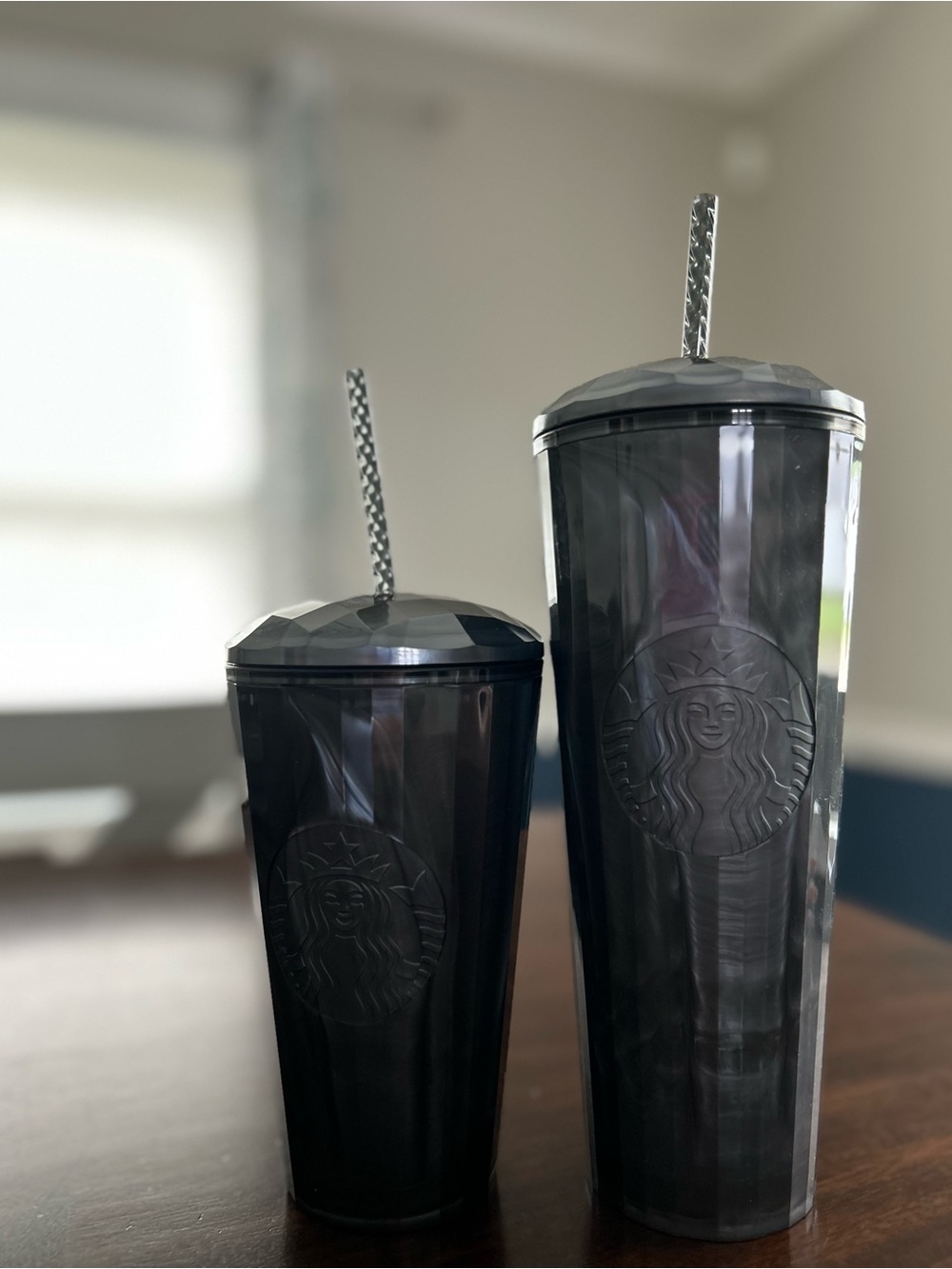 Starbucks Black Faceted Reusable Tumblers with Patterned Straws - Set of 2